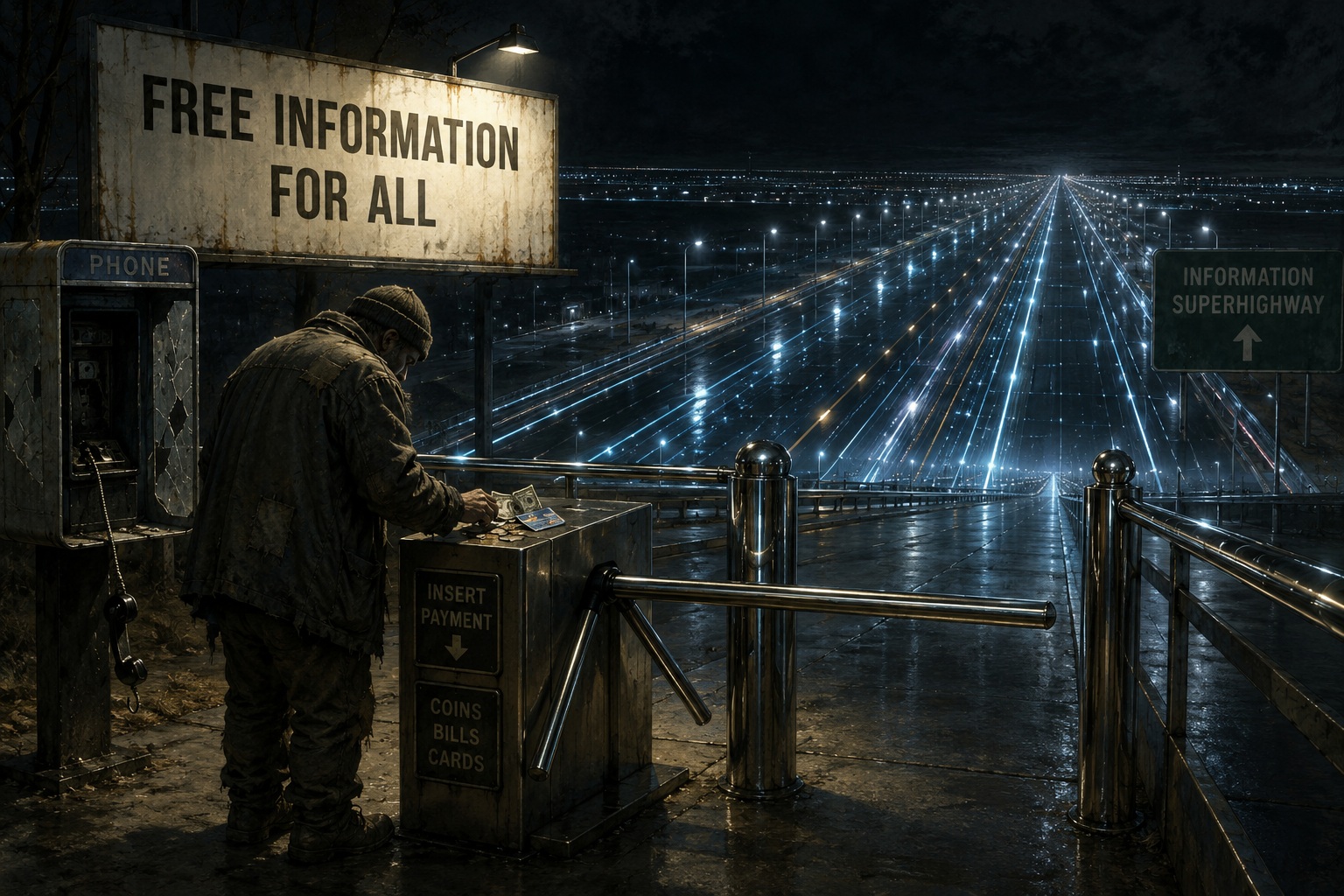 A figure in ragged clothes counts coins at a chrome turnstile blocking the entrance to a vast, empty, gleaming Information Superhighway. A rusted billboard reads FREE INFORMATION FOR ALL. A broken payphone stands to the left. The highway stretches to infinity, unreachable.